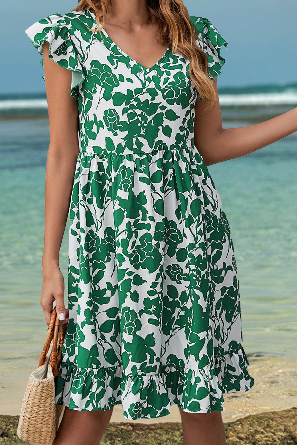 Ruffled Printed V-Neck Cap Sleeve Dress Carauana Store
