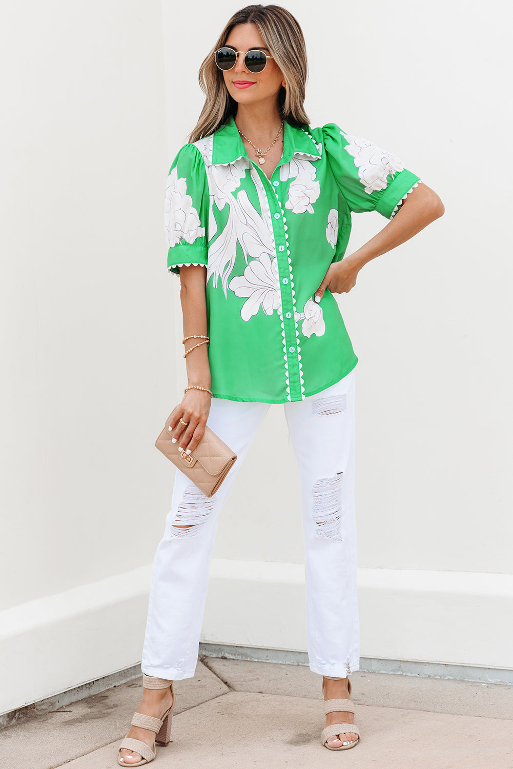 Green Floral Ric Rac Edge Puff Sleeve Button Up Summer Shirt