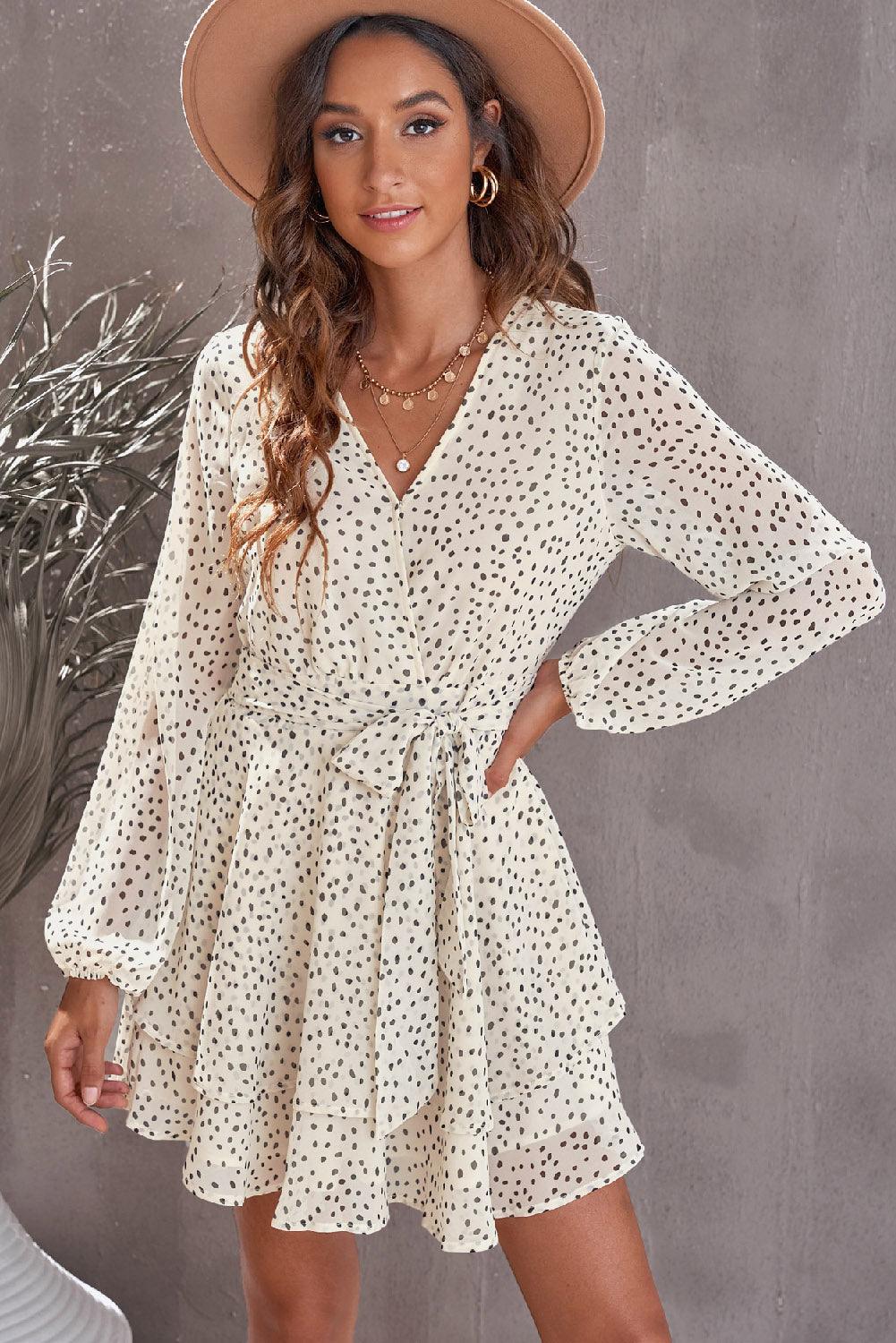 Tied Polka Dot Balloon Sleeve Layered Dress Carauana Store