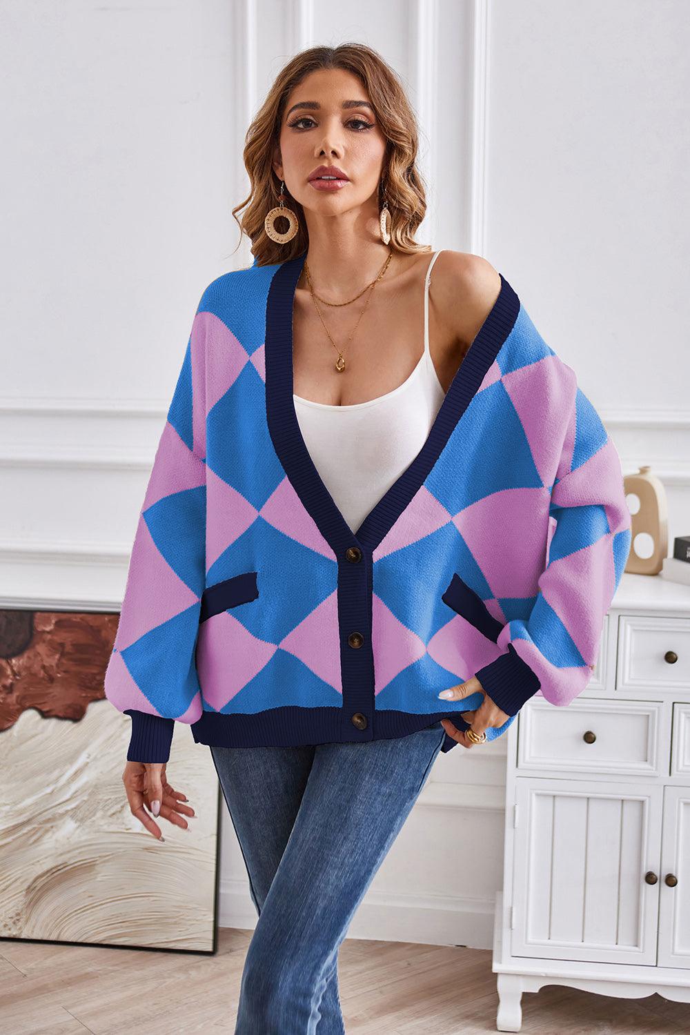 Geometric Lantern Sleeve Cardigan with Pockets Carauana Store