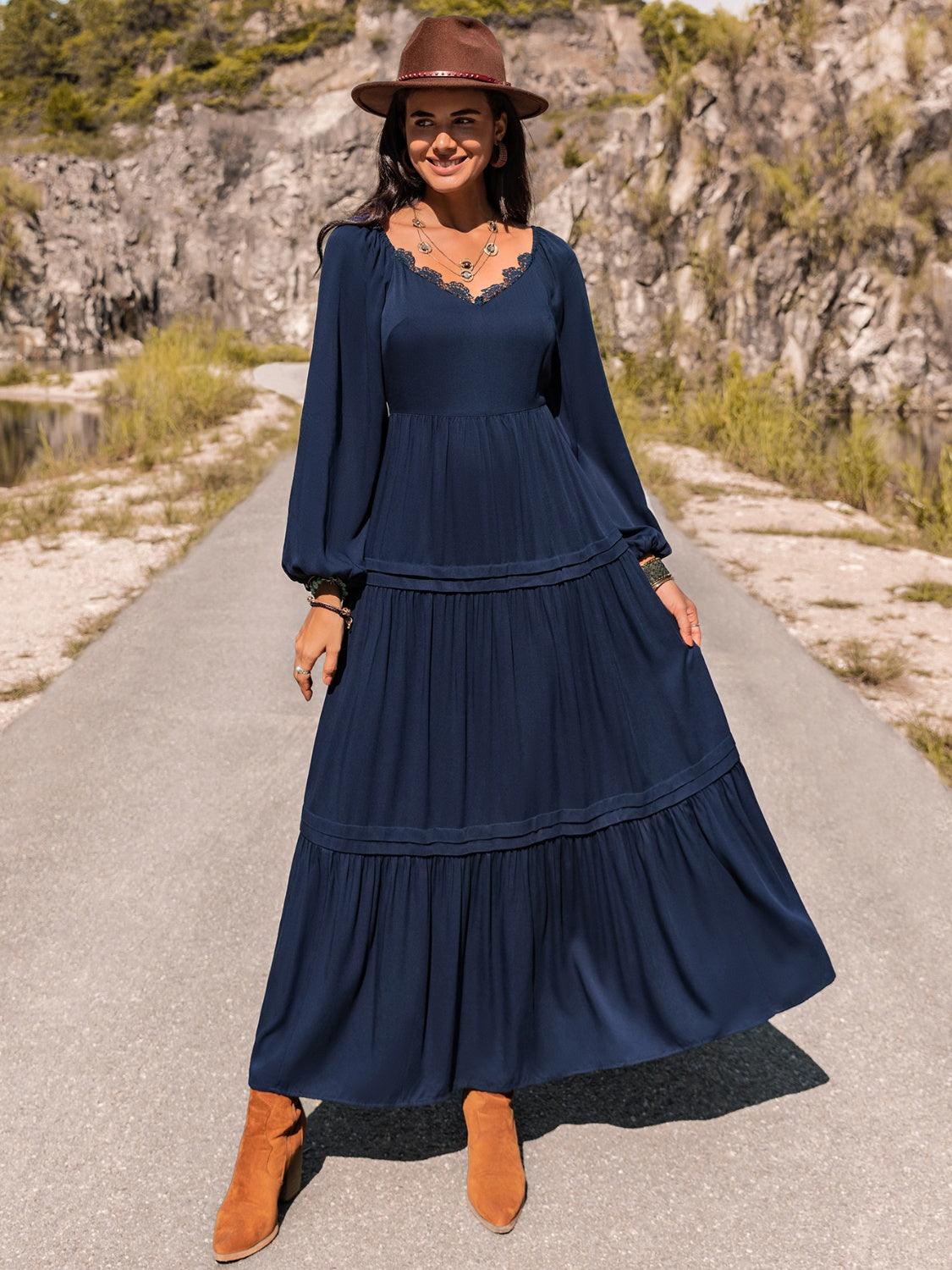 Long Sleeve Lace Trim Maxi Dress Carauana Store