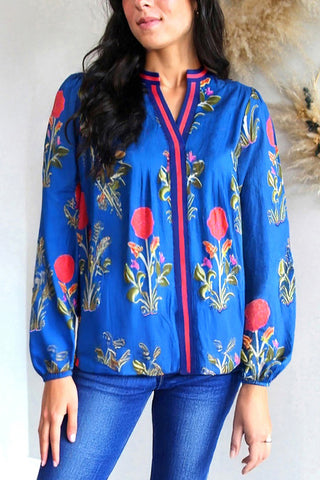 Blue Floral Print Contrast Striped Trim Notched Neck Long Sleeve Blouse