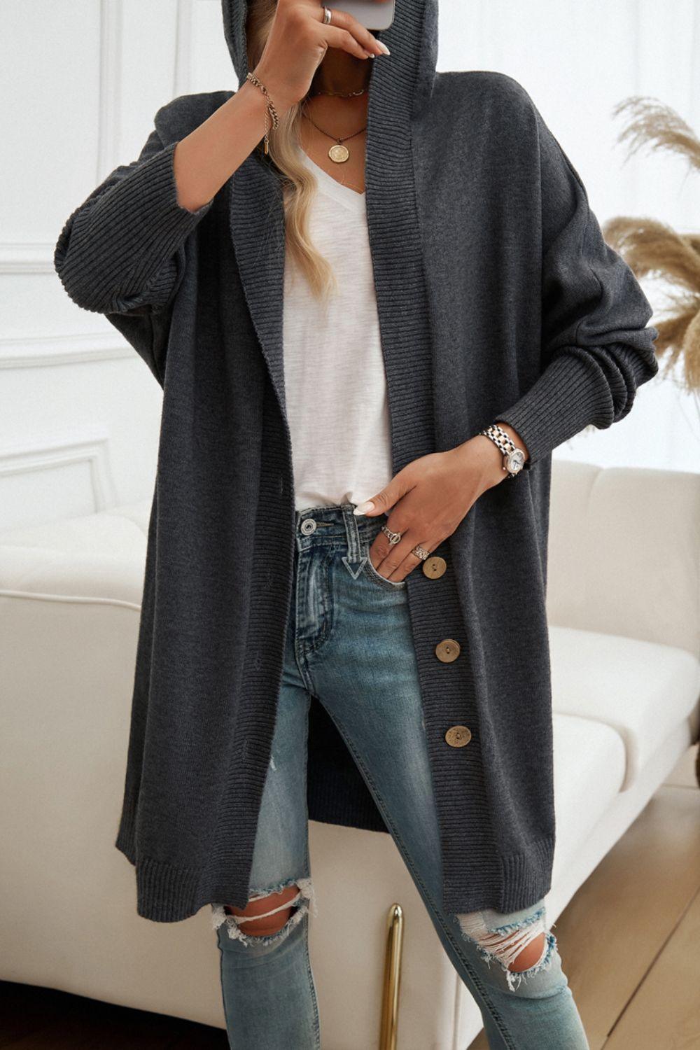 Devine Button Up Long Sleeve Hooded Cardigan Carauana Store