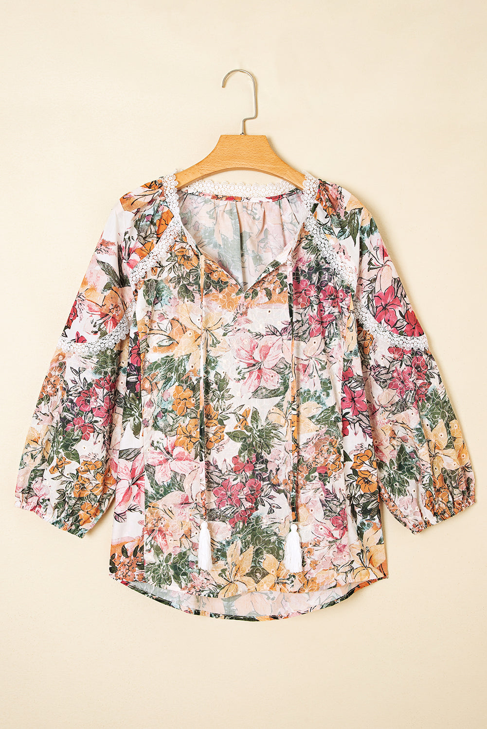 Pink Floral Print Lace Embroidery Tie Split Neck Long Sleeve Blouse