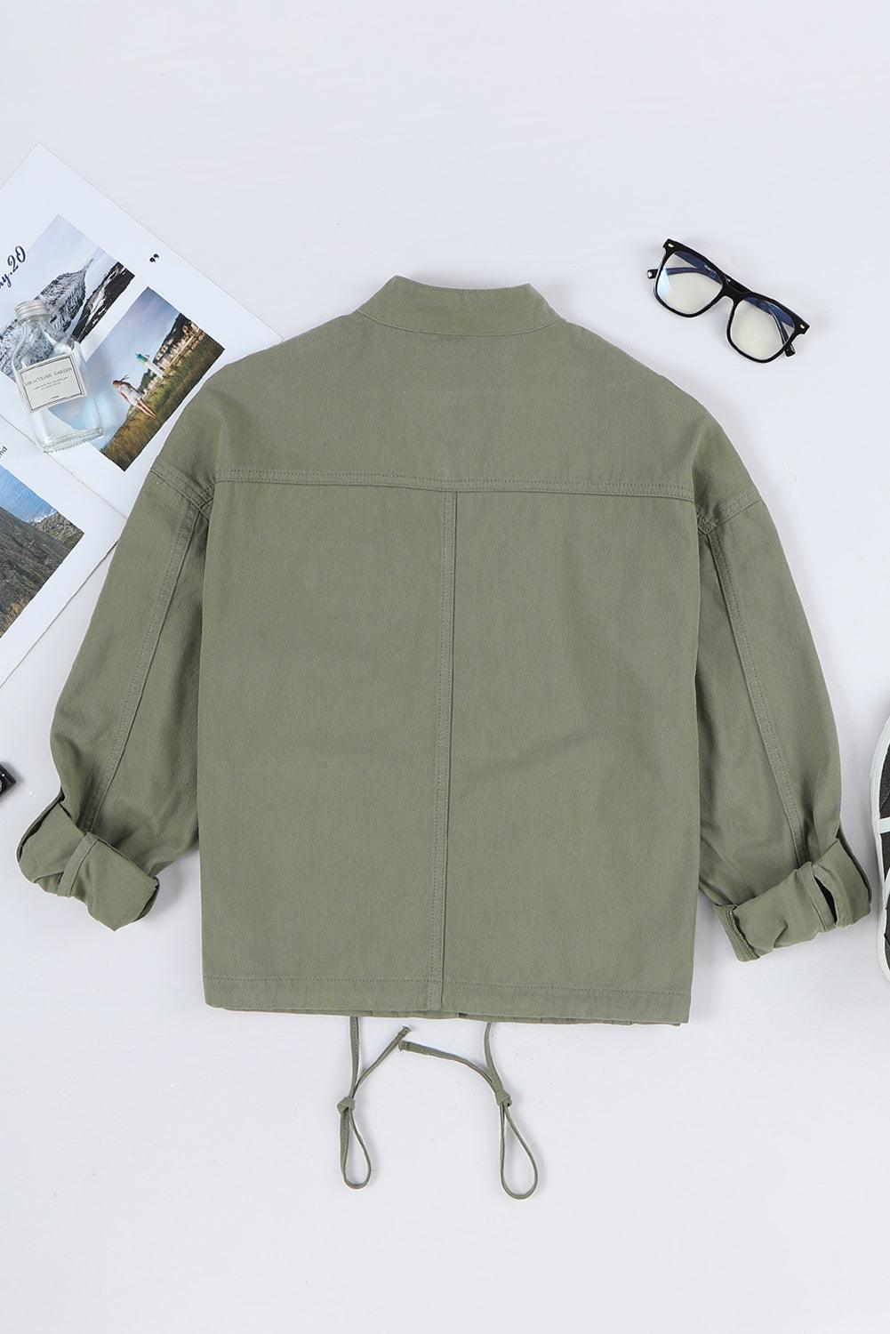 Drawstring Snap Down Dropped Shoulder Denim Jacket Carauana Store