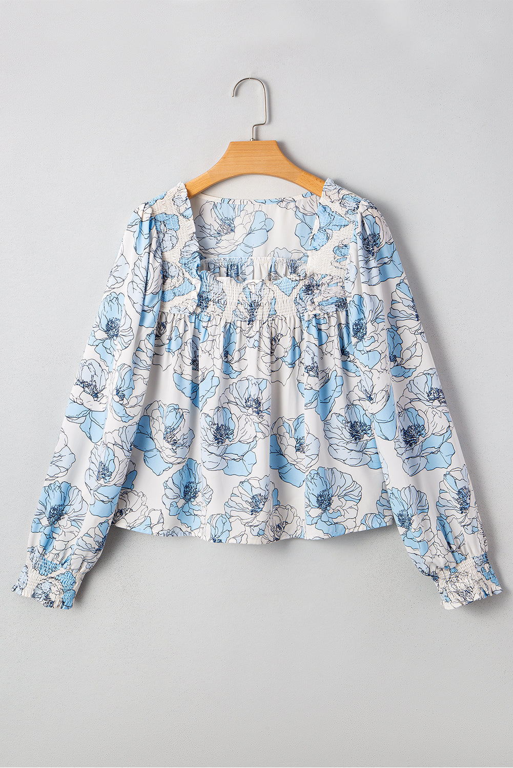 Sky Blue Floral Print Frilly Smocked Square Neck Long Sleeve Blouse