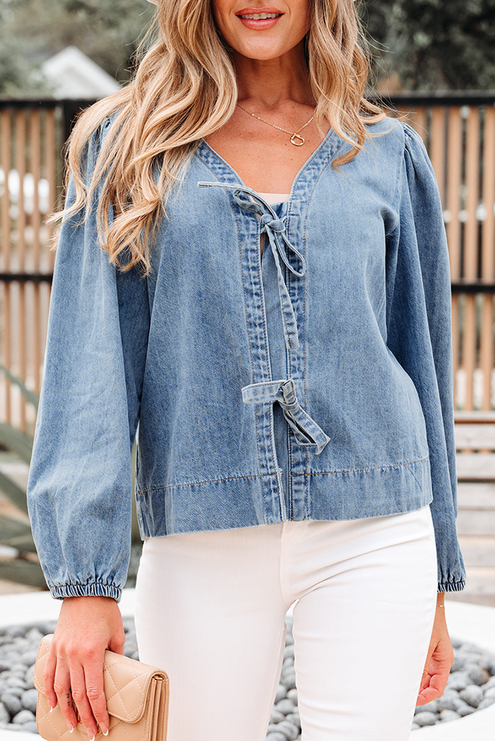 Dusk Blue Tied Front Long Puff Sleeve Denim Top