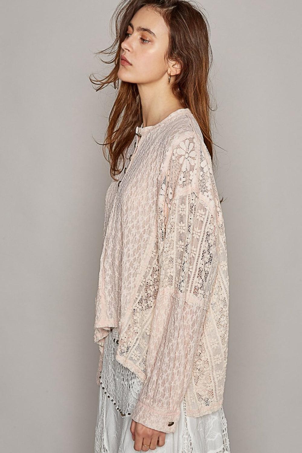 POL Round Neck Long Sleeve Raw Edge Lace Top Carauana Store