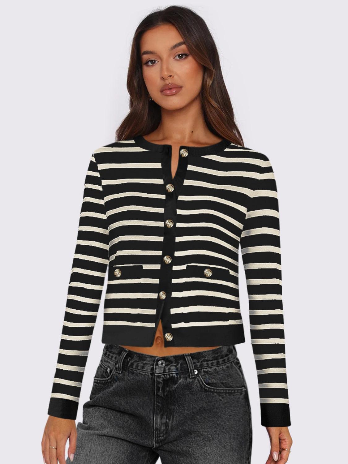 Striped Round Neck Button Up Long Sleeve Cardigan Carauana Store