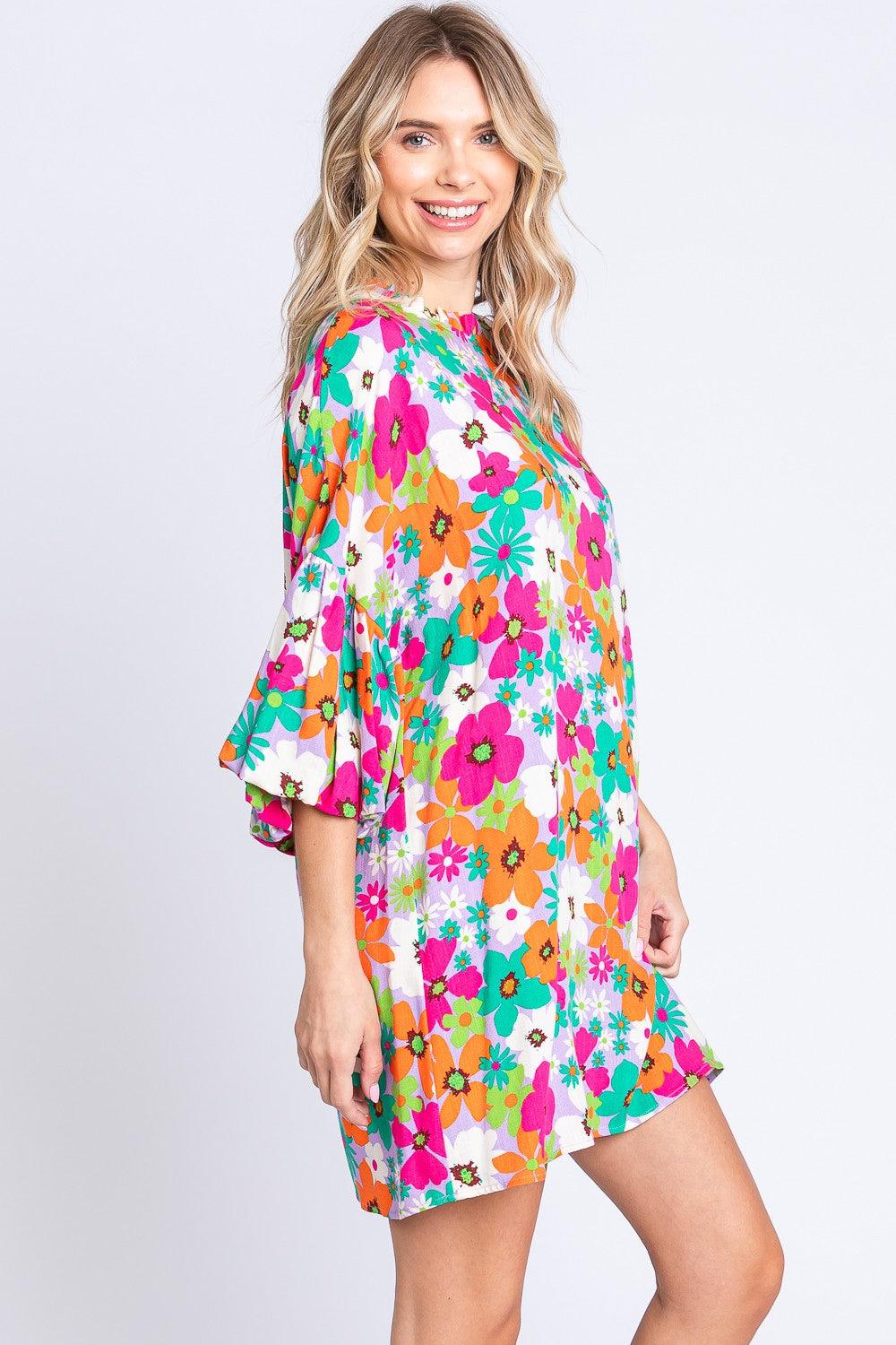 GeeGee Full Size Floral Round Neck Lantern Sleeve Mini Dress Carauana Store