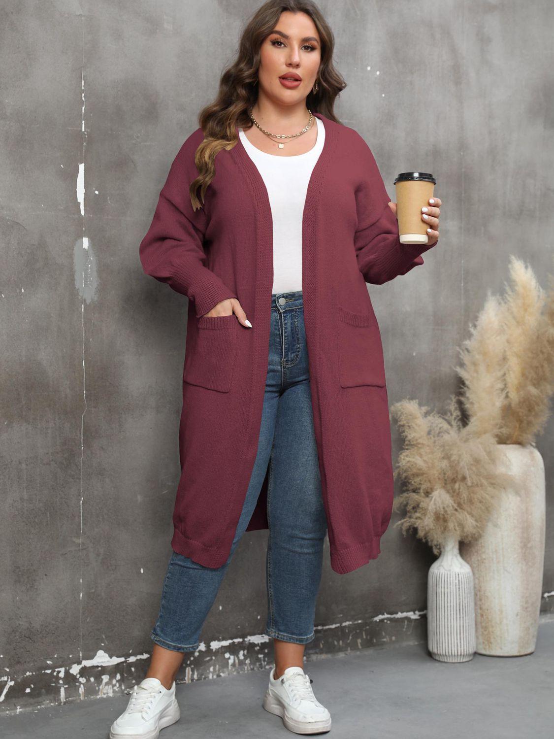 Plus Size Long Sleeve Pocketed Cardigan Carauana Store