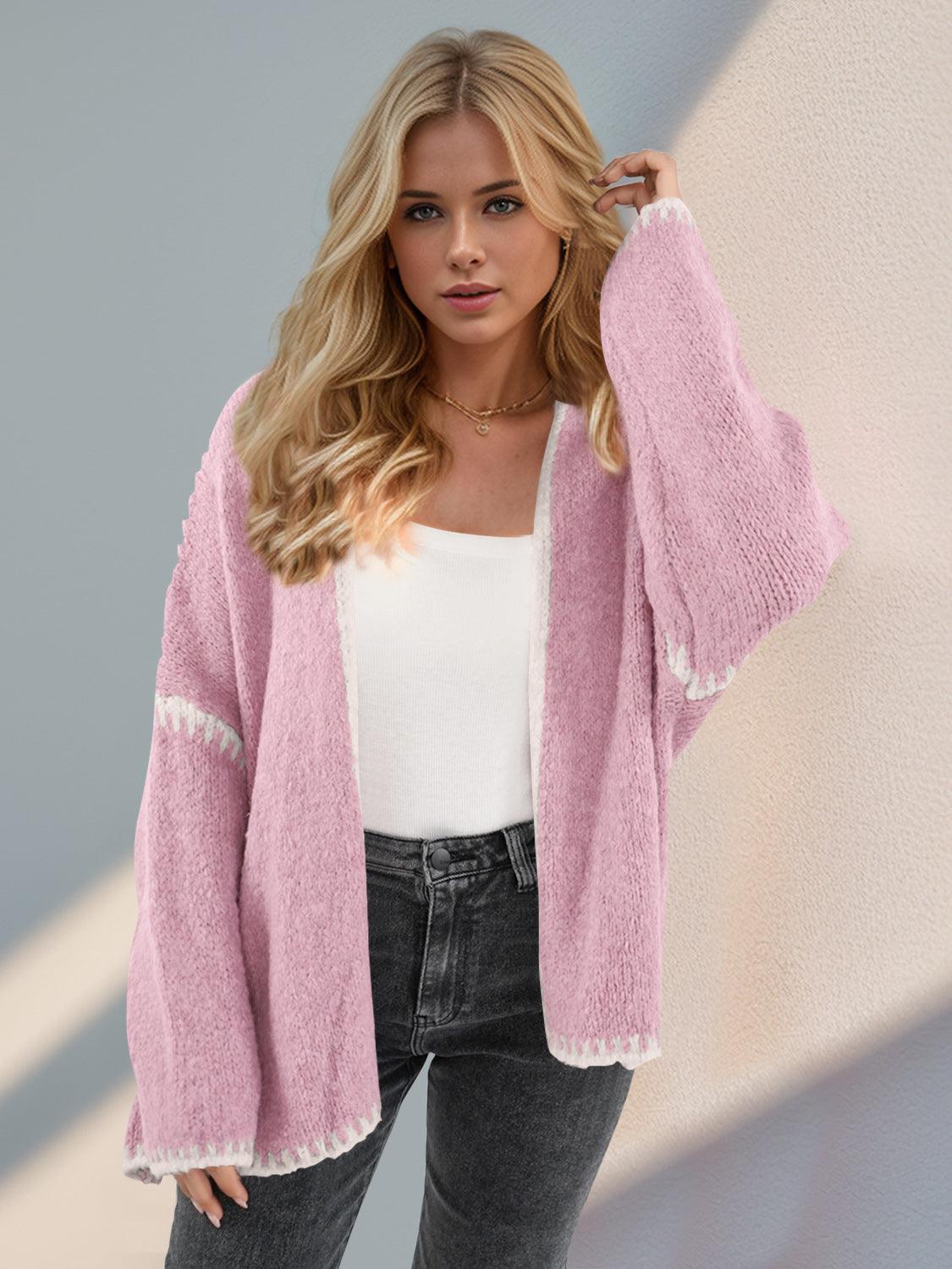 Double Take Contrast Open Front Dropped Shoulder Cardigan Carauana Store