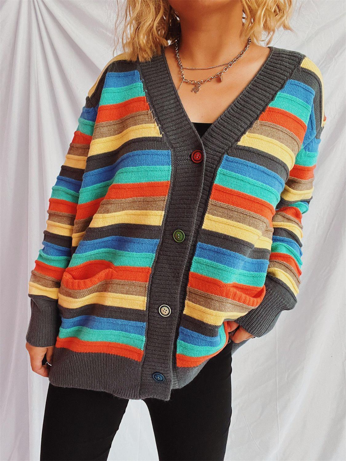 Contrast Stripes Button Up Long Sleeve Cardigan Carauana Store