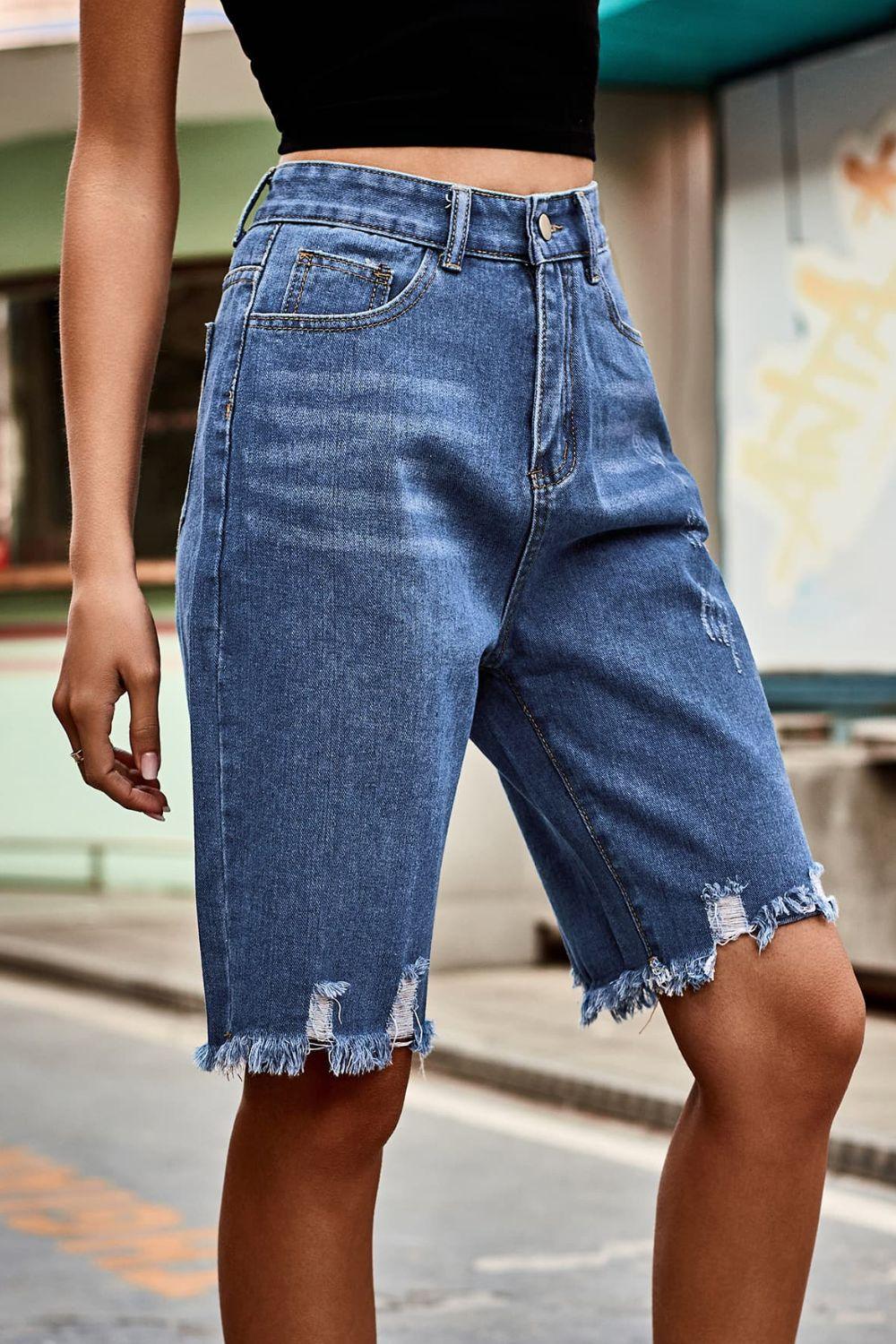 Raw Hem High Waist Denim Shorts with Pockets Carauana Store