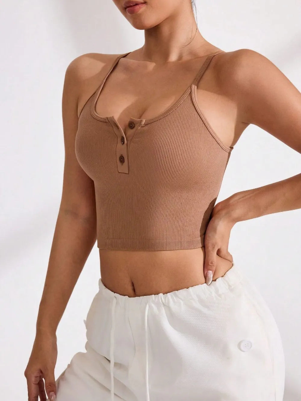 Ribbed Half Button Cropped Active Cami Carauana Store