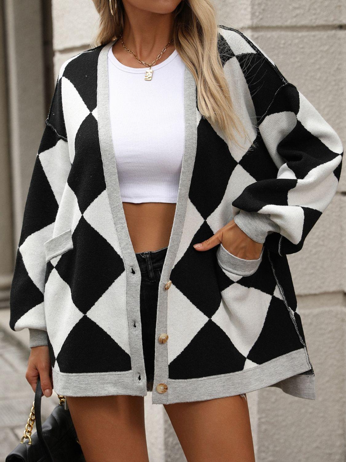 Checkered Dropped Shoulder Long Sleeve Cardigan Carauana Store