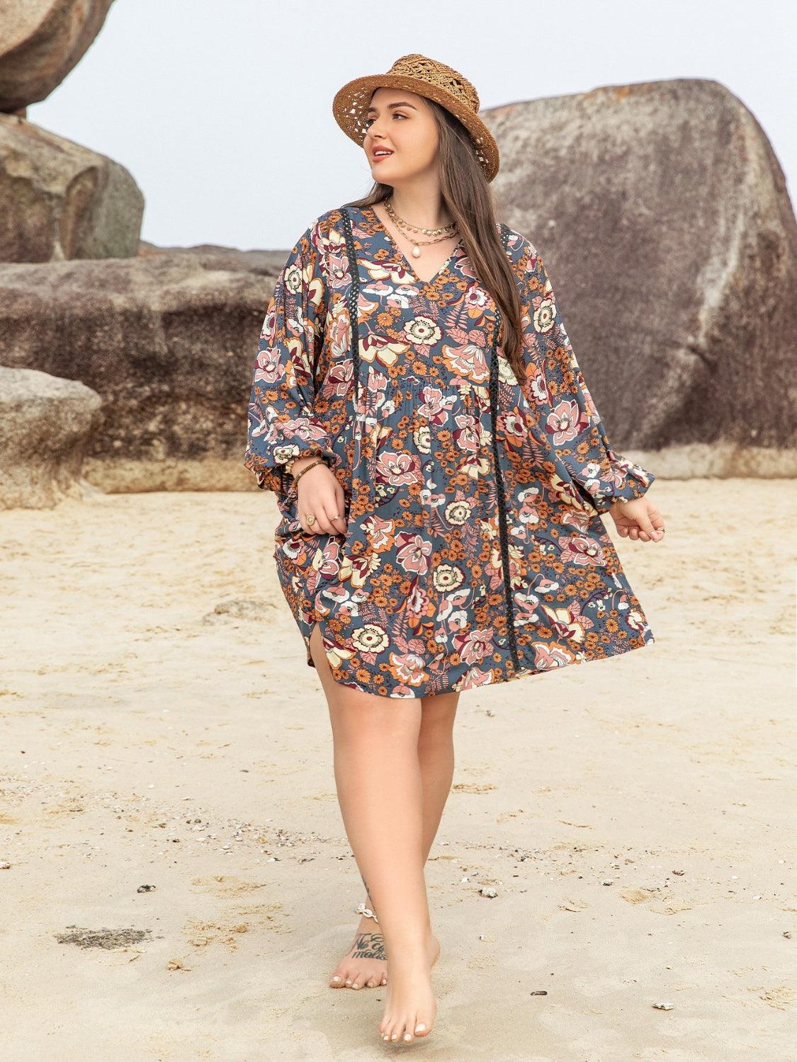Plus Size Printed V-Neck Balloon Sleeve Mini Dress Carauana Store