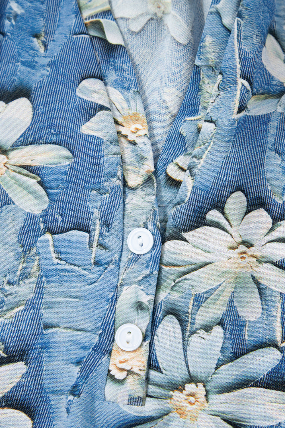 Sky Blue Fall Floral Half Placket Collared V Neck Blouse