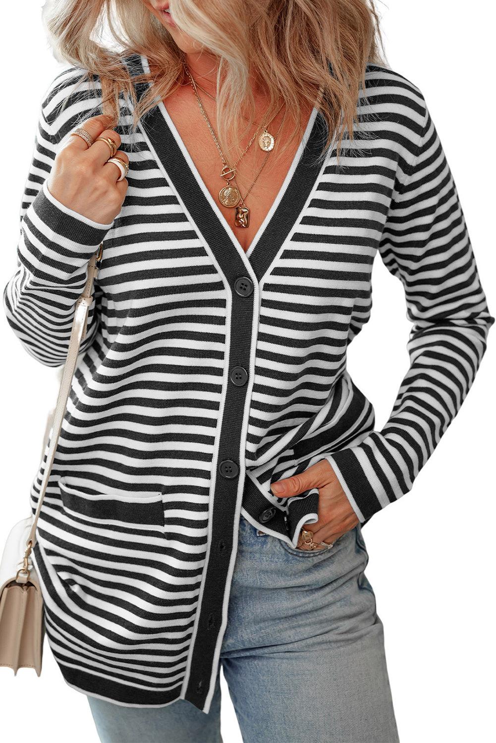 Striped Open Front Long Sleeve Cardigan Carauana Store