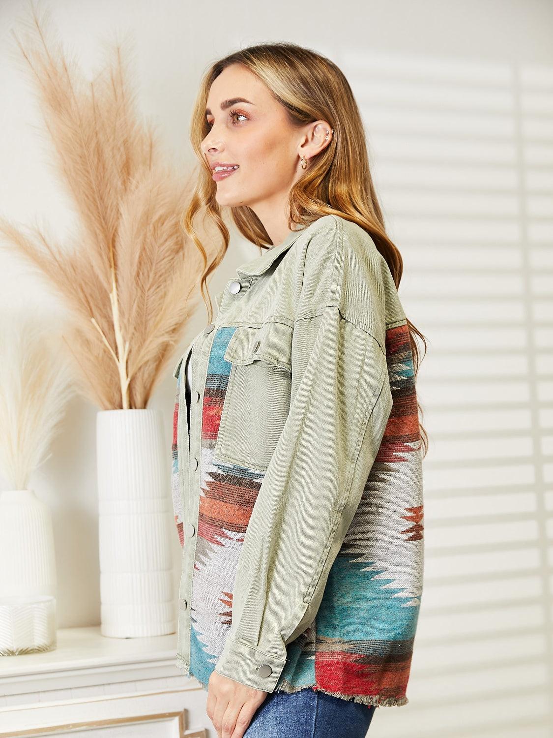 Dropped Shoulder Long Sleeve Printed Denim Jacket Carauana Store