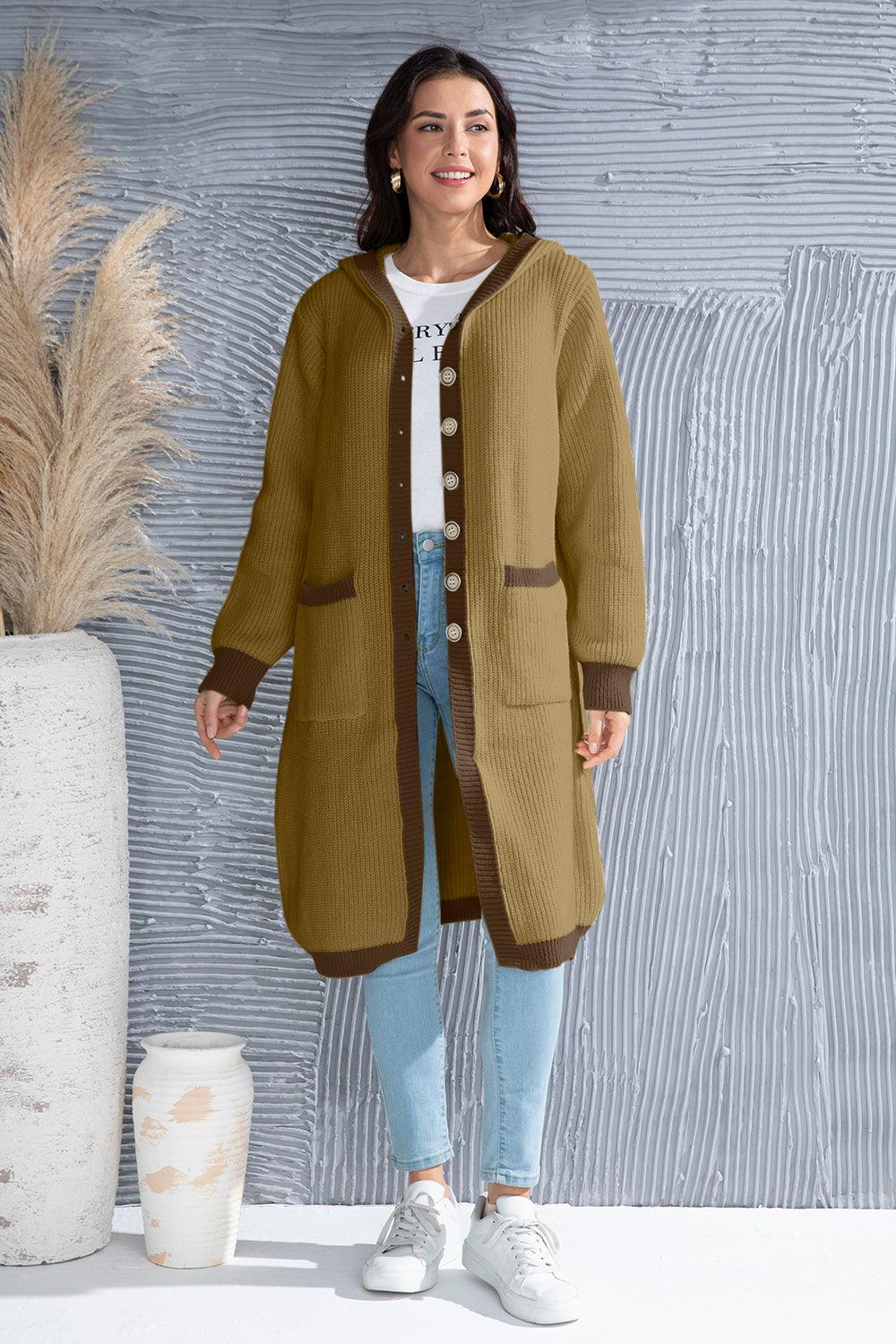 Button Up Contrast Trim Hooded Cardigan Carauana Store