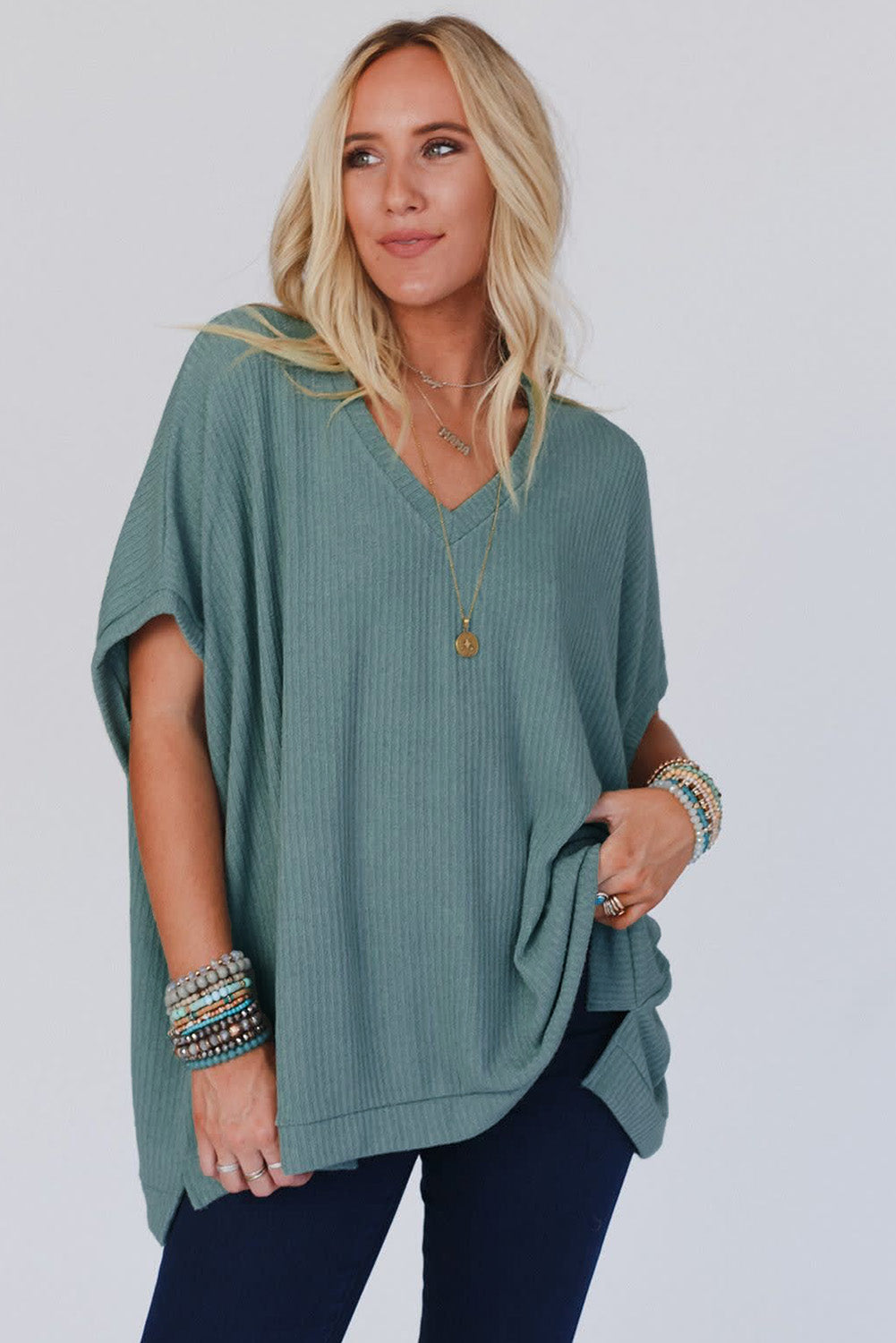 Moonlight Jade Oversized Ribbed Knit V Neck Dolman Short Sleeve Top