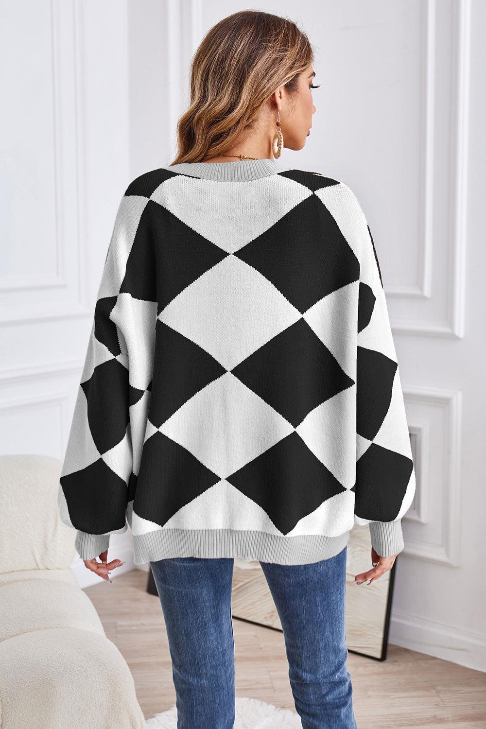 Geometric Lantern Sleeve Cardigan with Pockets Carauana Store