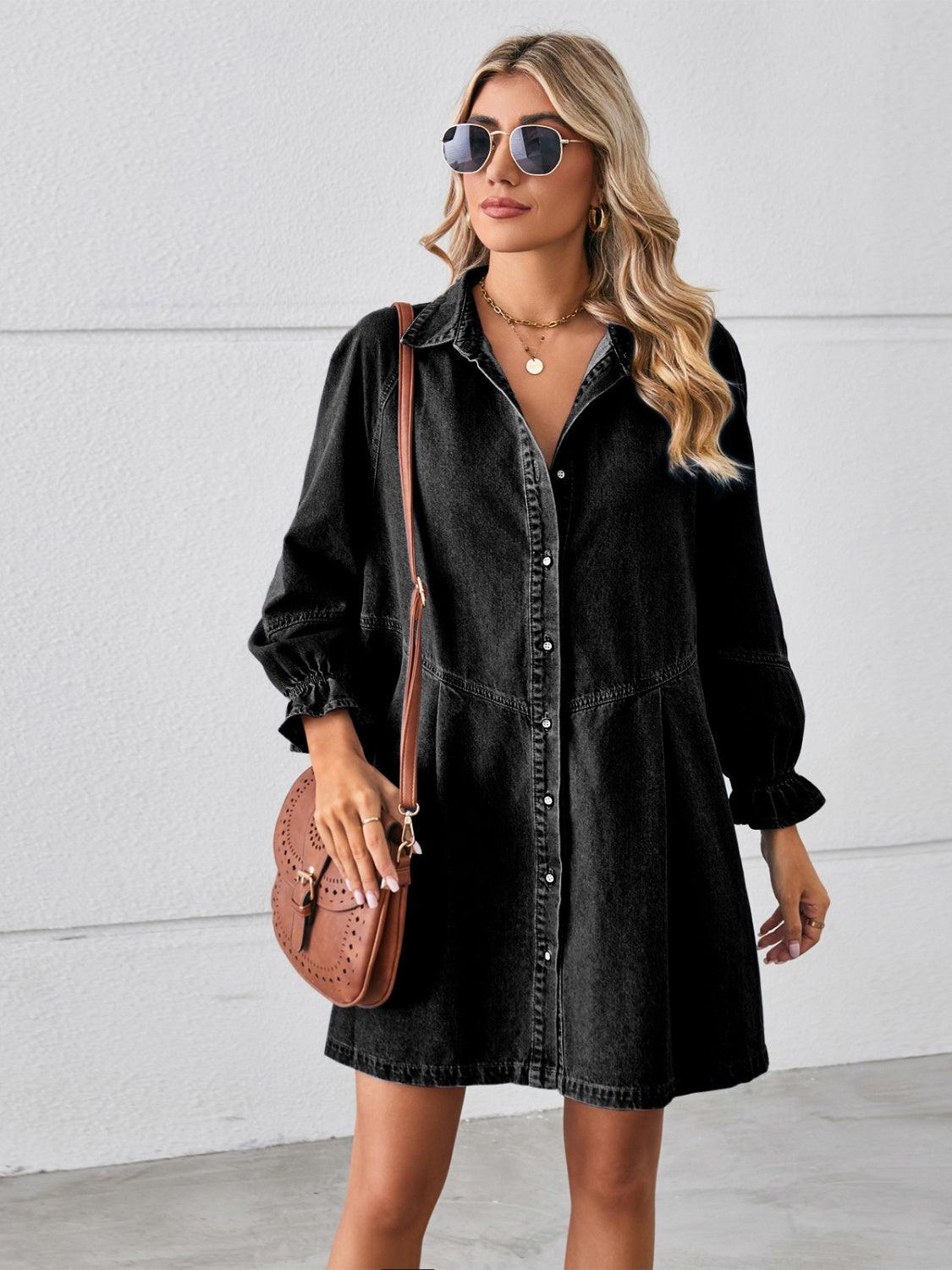 Button Up Flounce Sleeve Mini Denim Dress Carauana Store