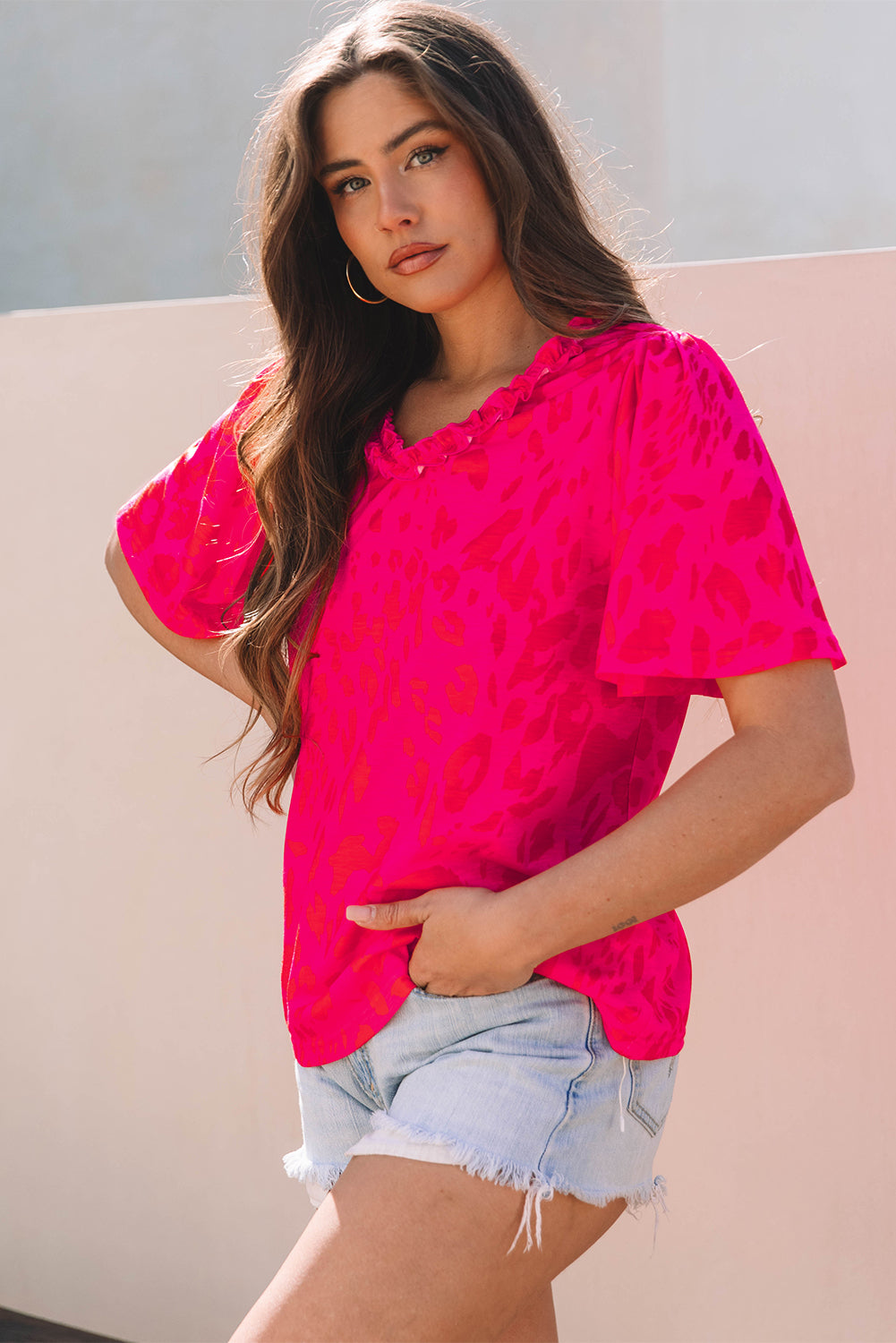 Rose Leopard Frilly V Neck Short Sleeve Blouse