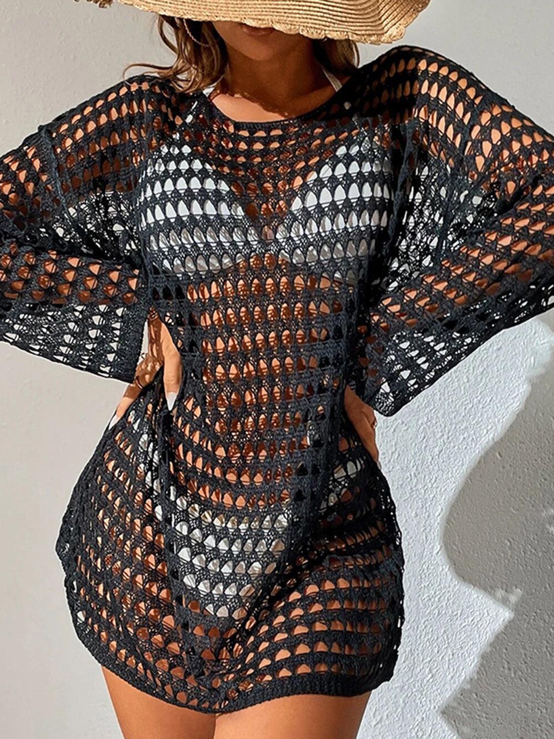 Openwork Boat Neck Long Sleeve Cover-Up Carauana Store