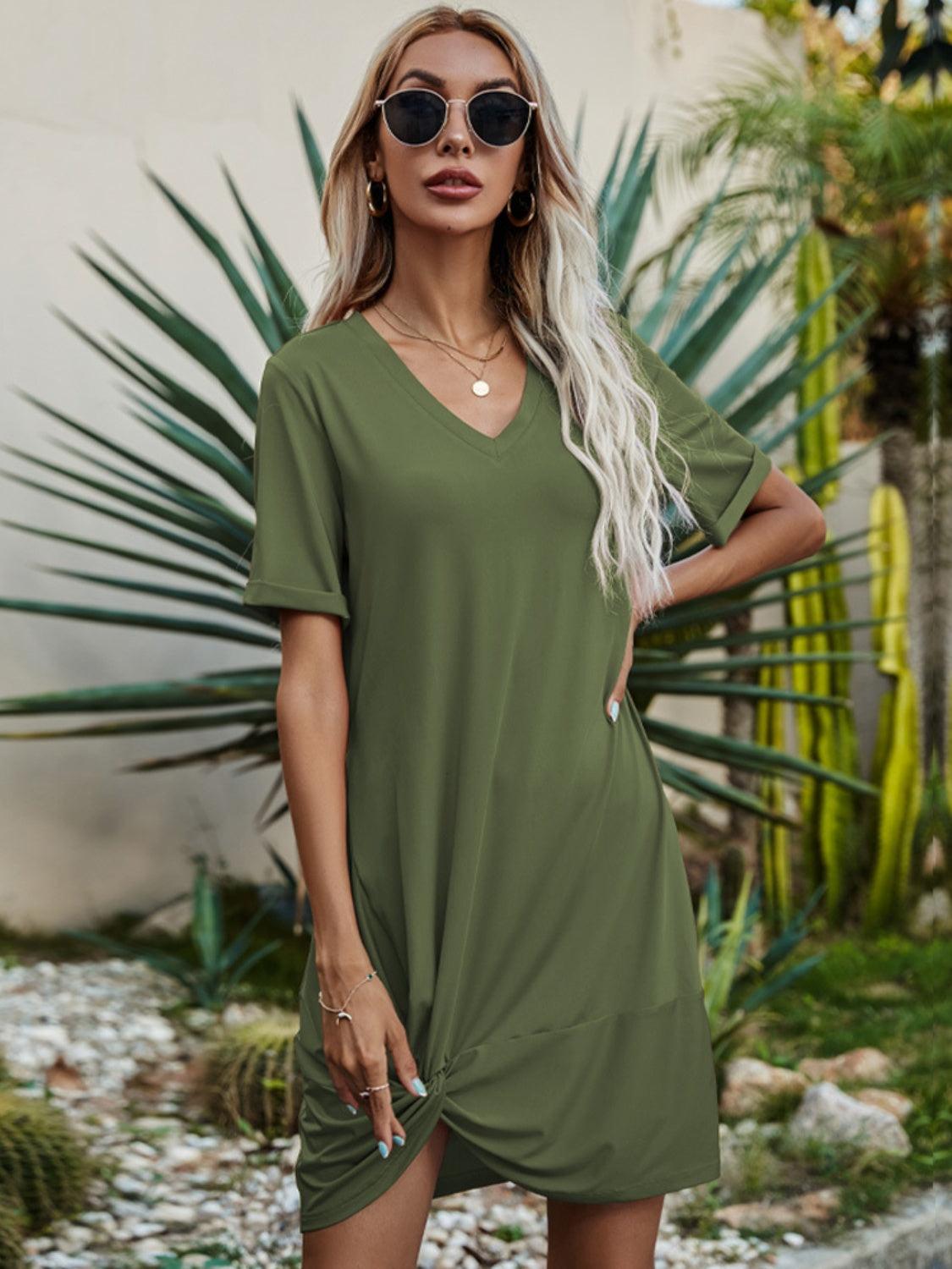 V-Neck Short Sleeve Mini Dress Carauana Store