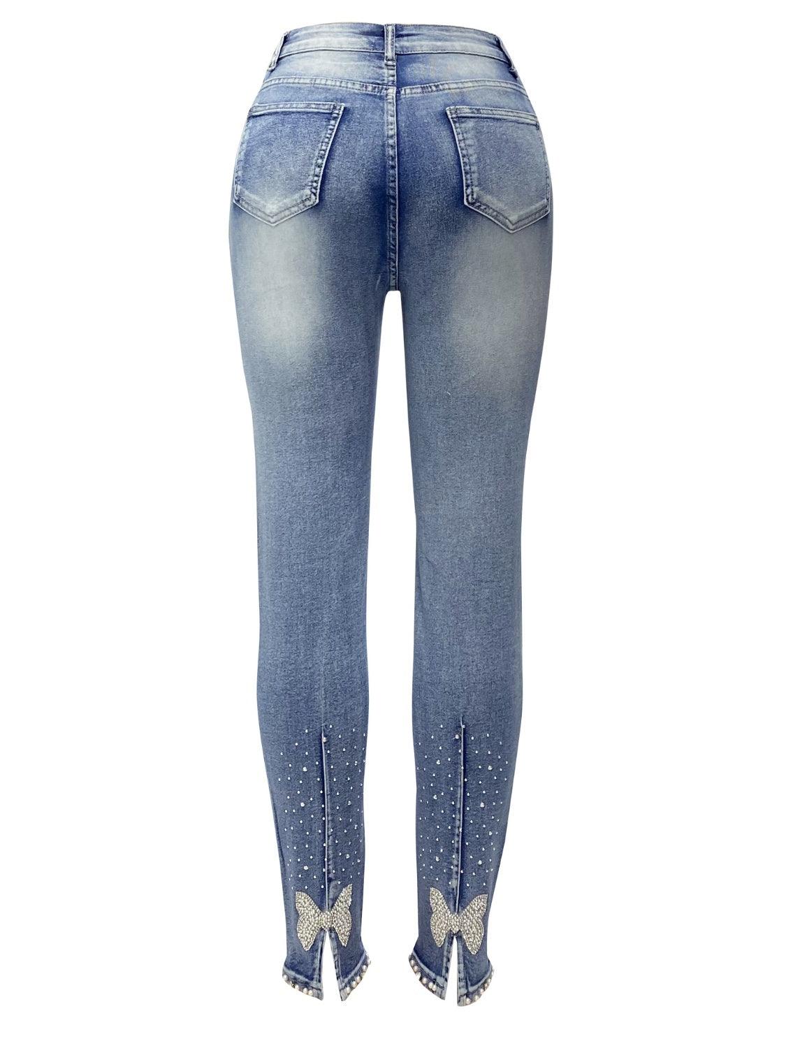 Rhinestone Skinny Jeans with Pockets Carauana Store