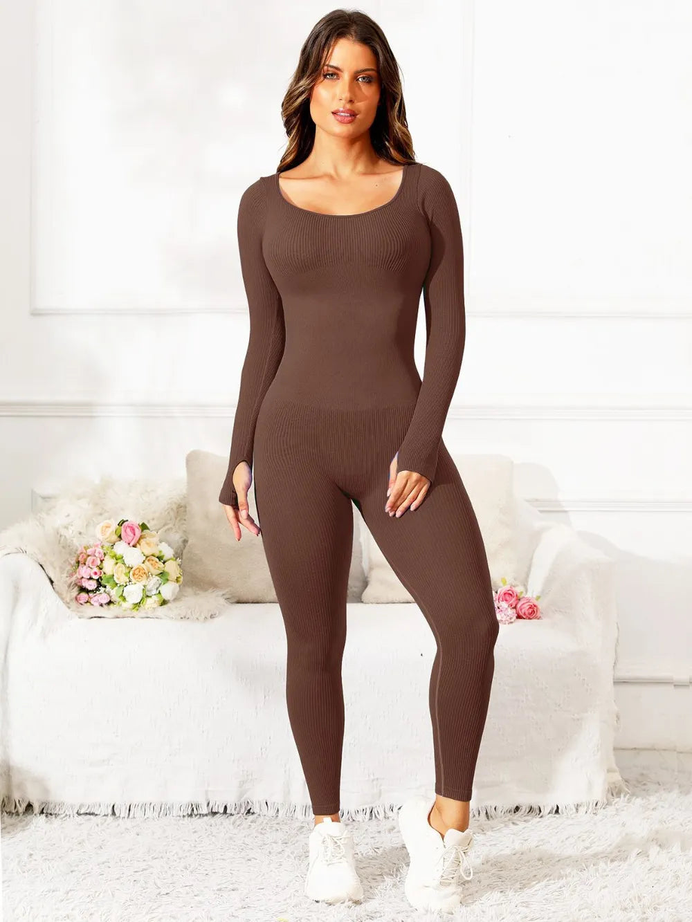 Scoop Neck Long Sleeve Active Jumpsuit Carauana Store
