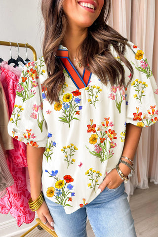 White Floral Short Puff Sleeve Contrast V Neck Print Blouse
