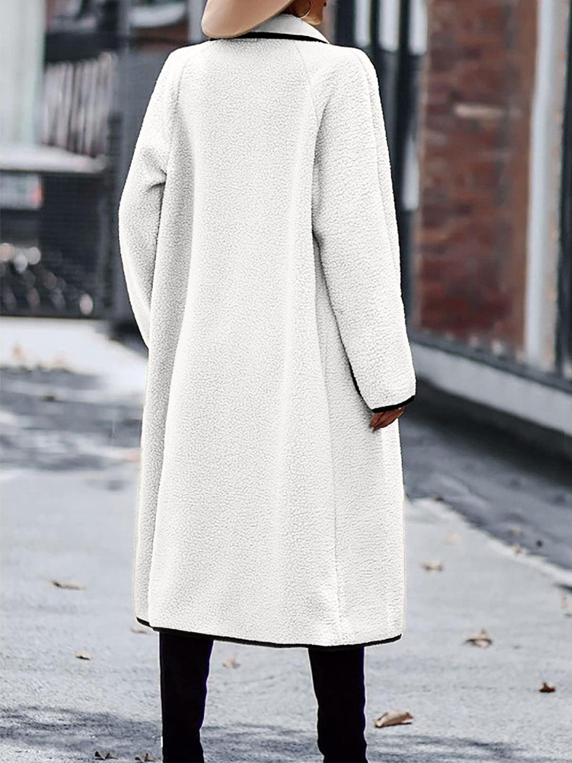 Full Size Contrast Trim Long Sleeve Coat with Pockets Carauana Store