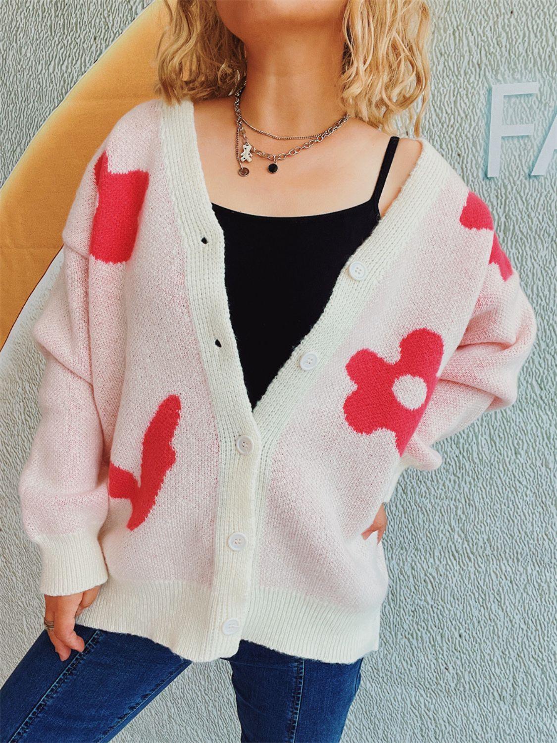 Flower Button Down V-Neck Long Sleeve Cardigan Carauana Store