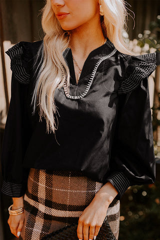 Black Contrast Stitched Detail V Neck Ruffle Long Sleeve Blouse