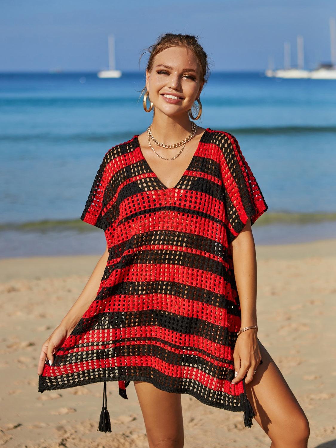 Tassel Openwork Striped V-Neck Cover Up Carauana Store