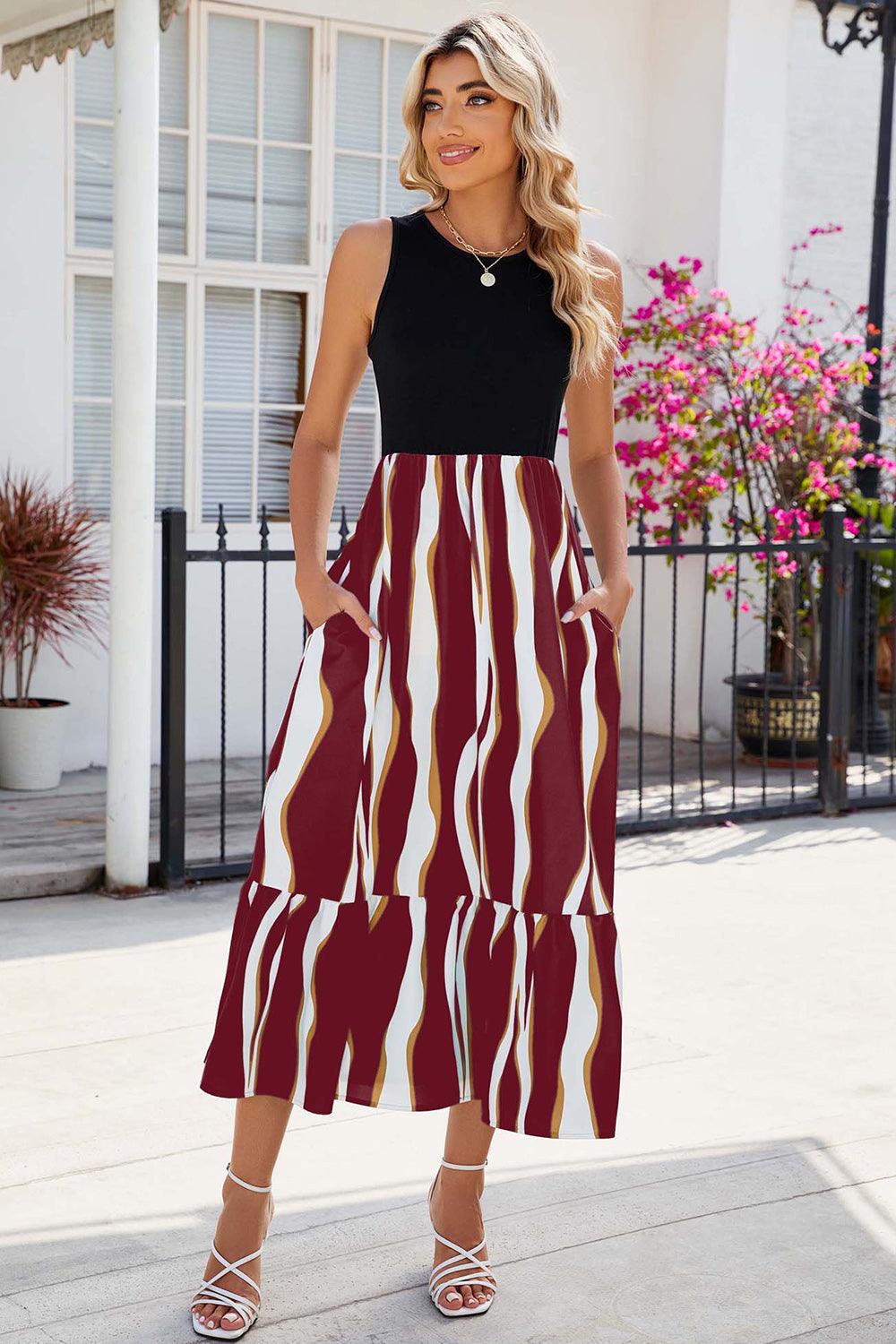 Striped Round Neck Sleeveless Midi Dress Carauana Store