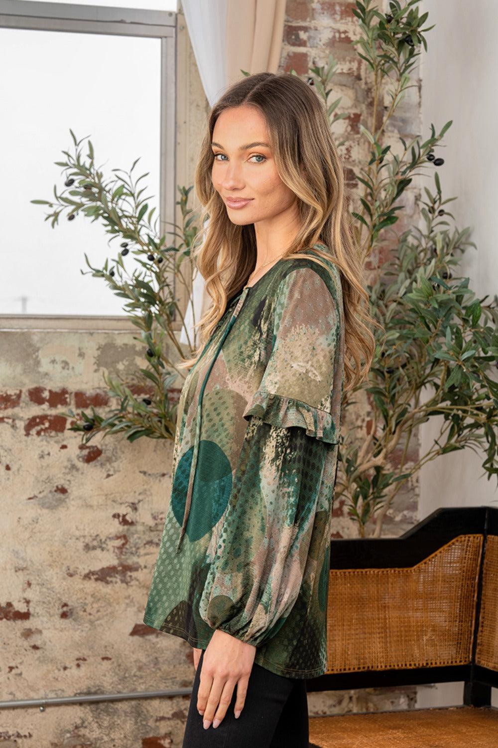 Sew In Love Full Size Snakeskin Print Long Sleeve Top with Ruffle Carauana Store