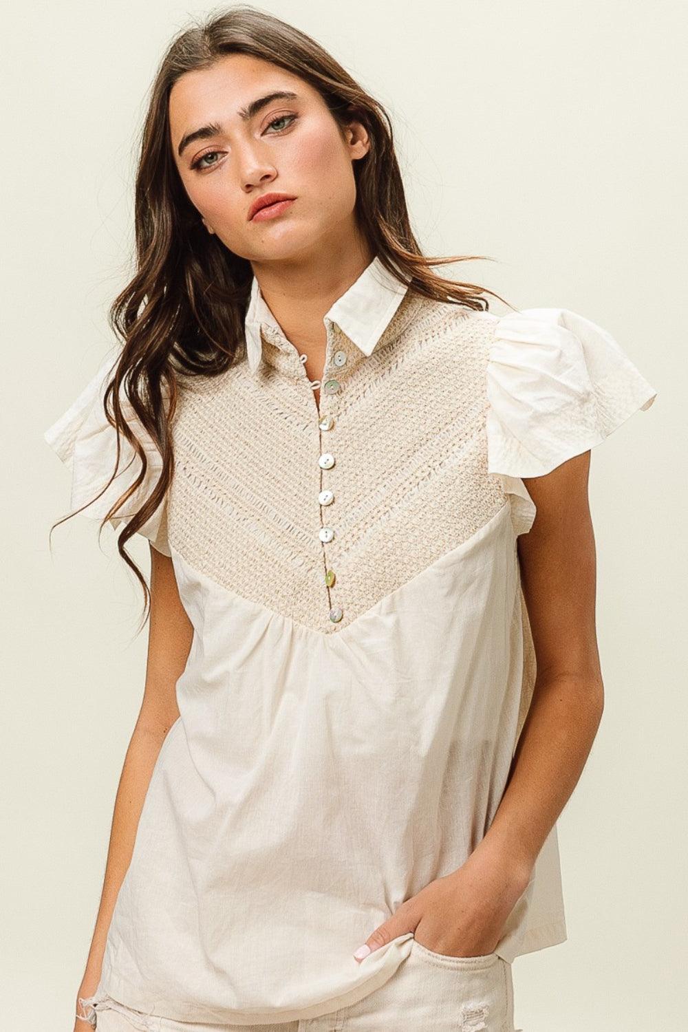 BiBi Half Button Collared Neck Short Sleeve Top Carauana Store
