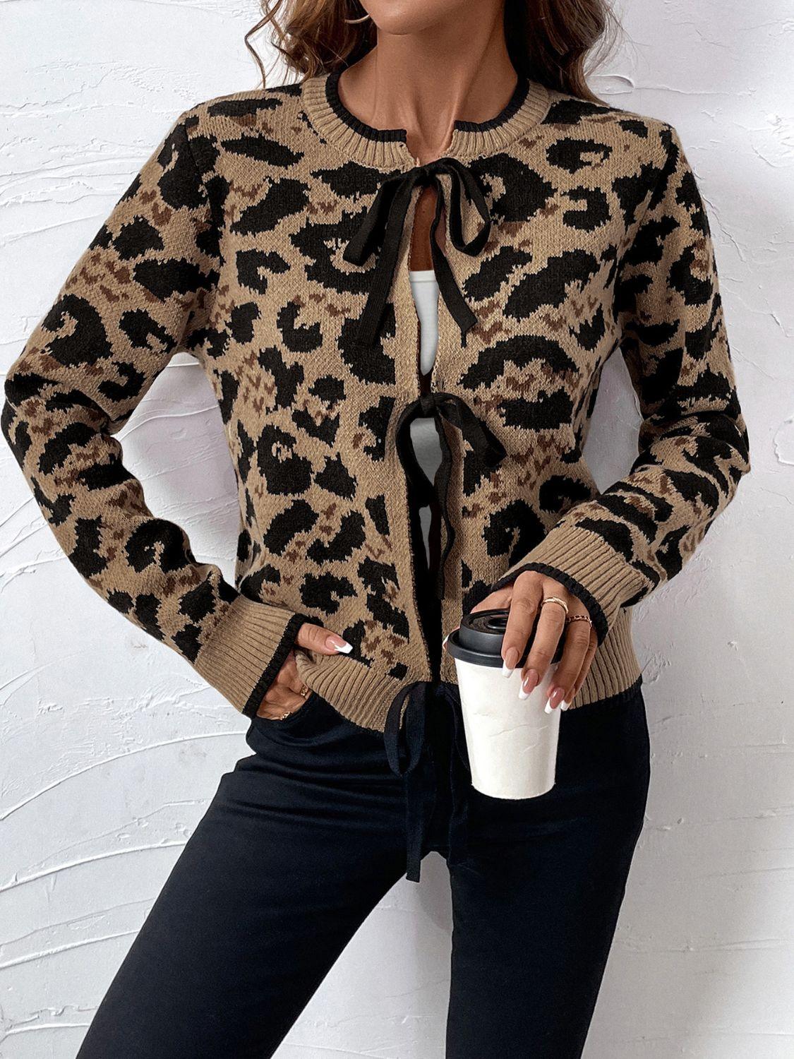 Perfee Tied Leopard Long Sleeve Cardigan Carauana Store