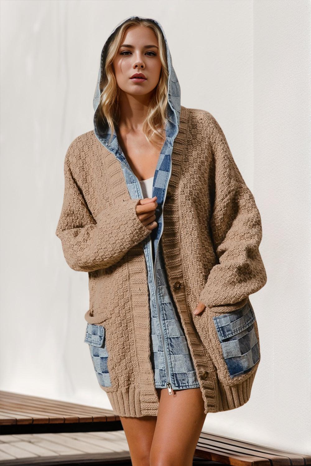 Double Take Full Size Hooded Denim Spliced Sweater Cardigan Carauana Store