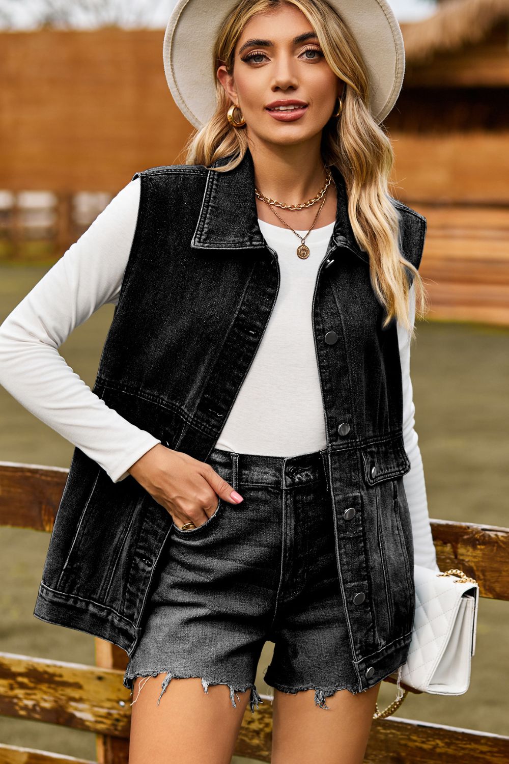 Sleeveless Collared Neck Denim Top with Pockets Carauana Store