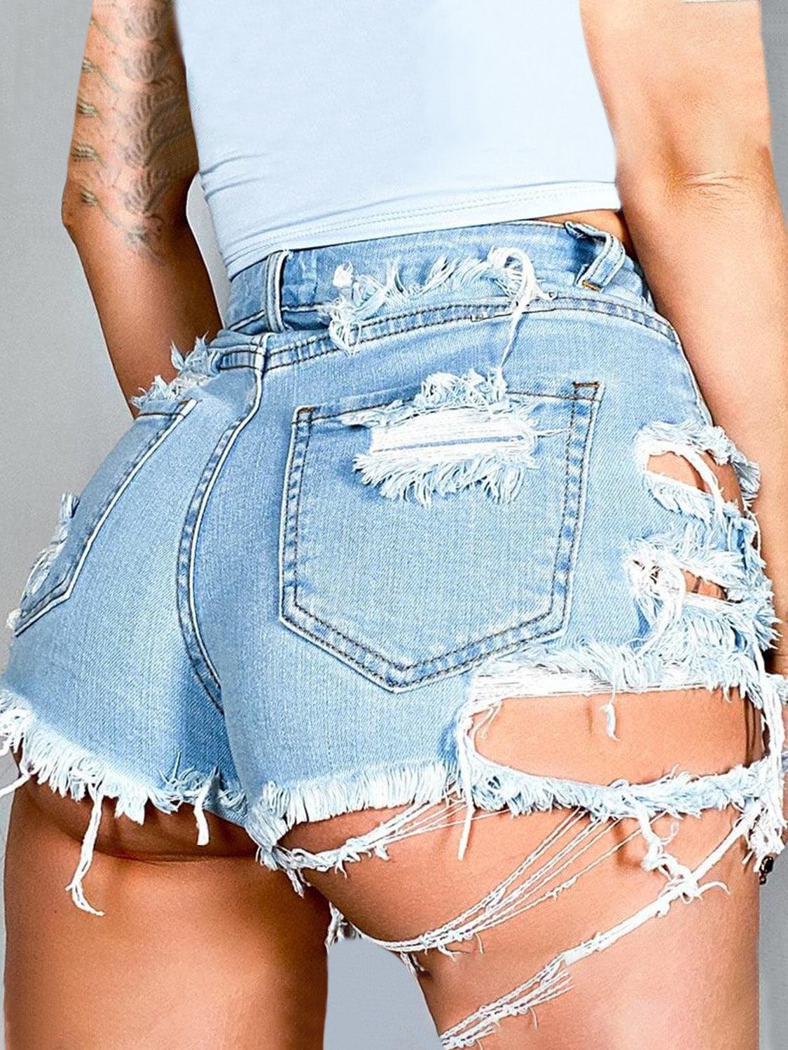 Distressed Raw Hem Denim Shorts with Pockets Carauana Store