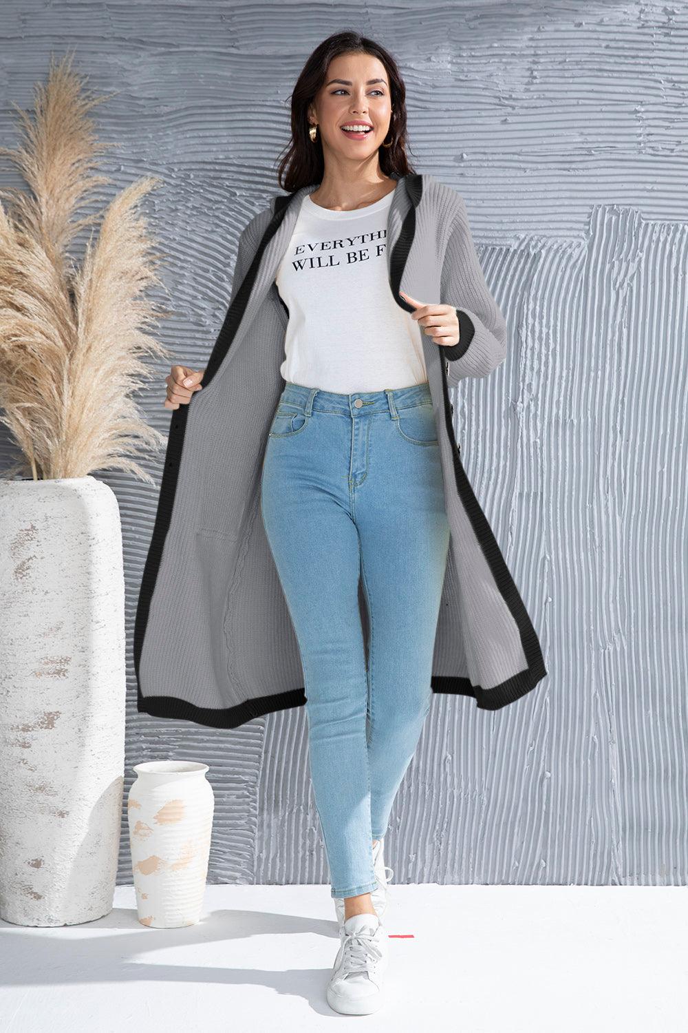 Button Up Contrast Trim Hooded Cardigan Carauana Store