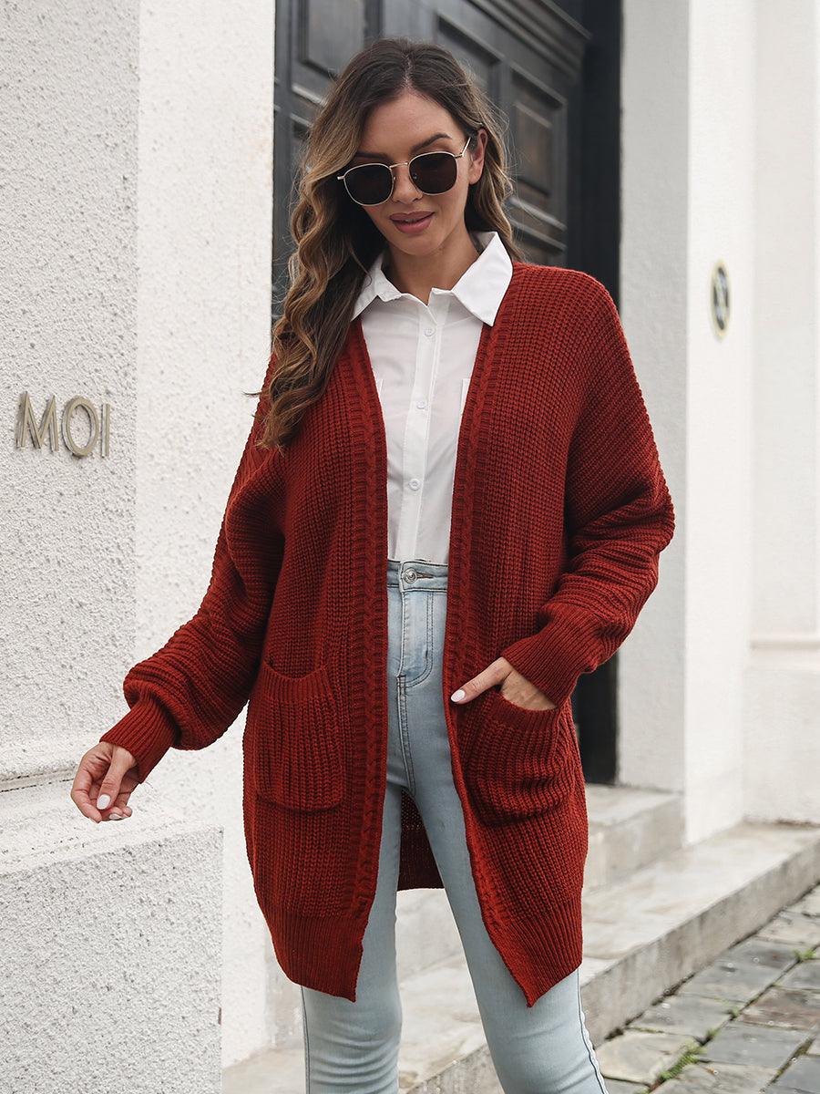 Open Front Rib-Knit Cardigan with Pockets Carauana Store