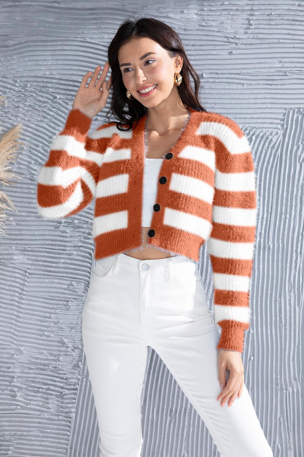 Striped Button Up Cropped Cardigan Carauana Store