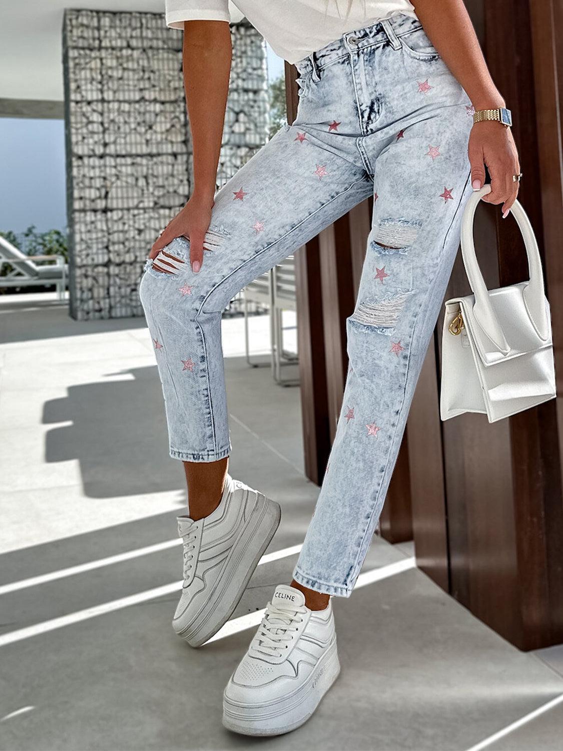 Distressed Star Straight Jeans with Pockets Carauana Store