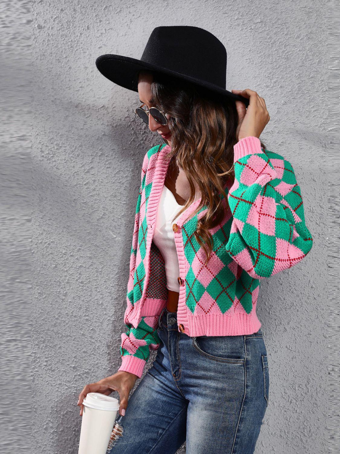 Geometric Button Up Long Sleeve Cardigan Carauana Store